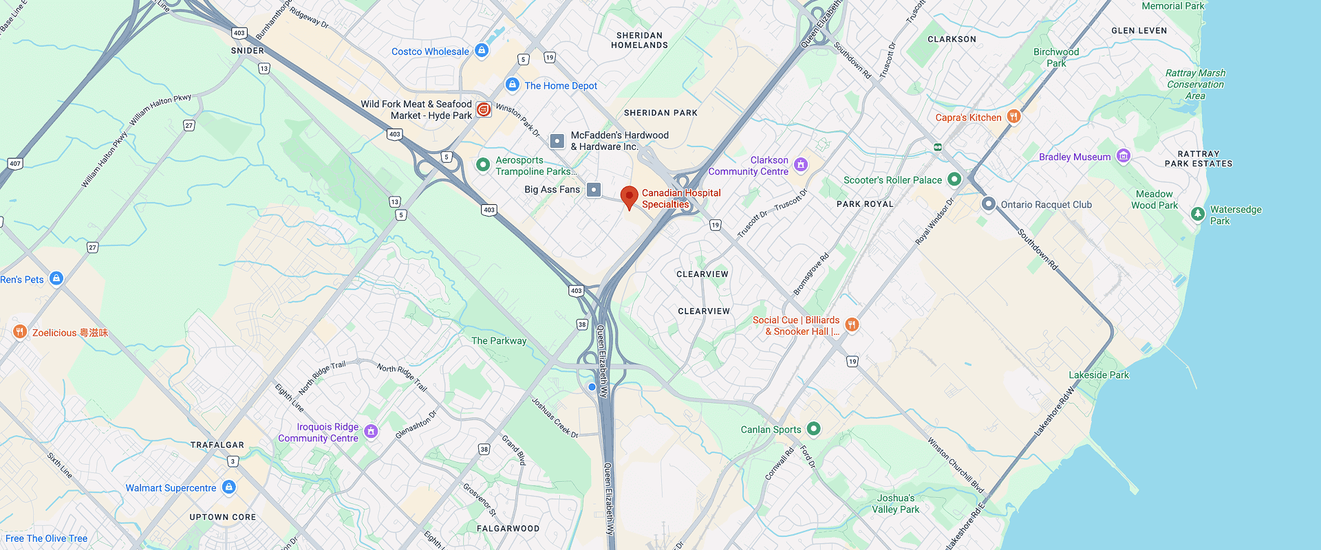 Map showing the location of Canadian Hospital Specialties Ltd in the Toronto area.