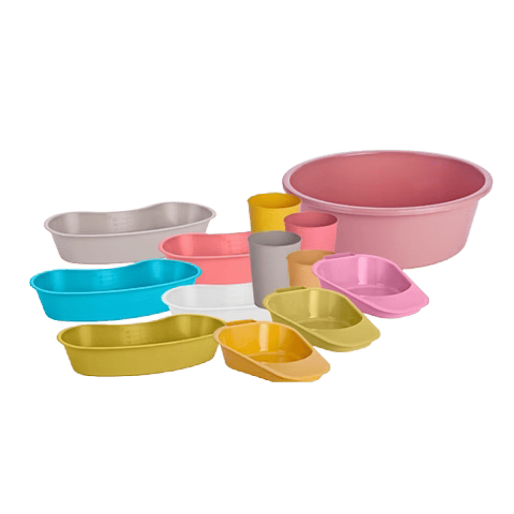 Assorted colorful plastic hospital basins and bowls for medical use.